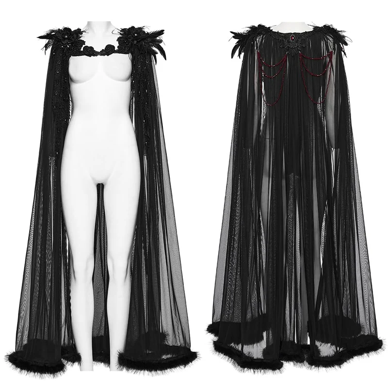 Gothic-Umhang für Damen mit Feder- und Perlenapplikationen aus Netzstoff