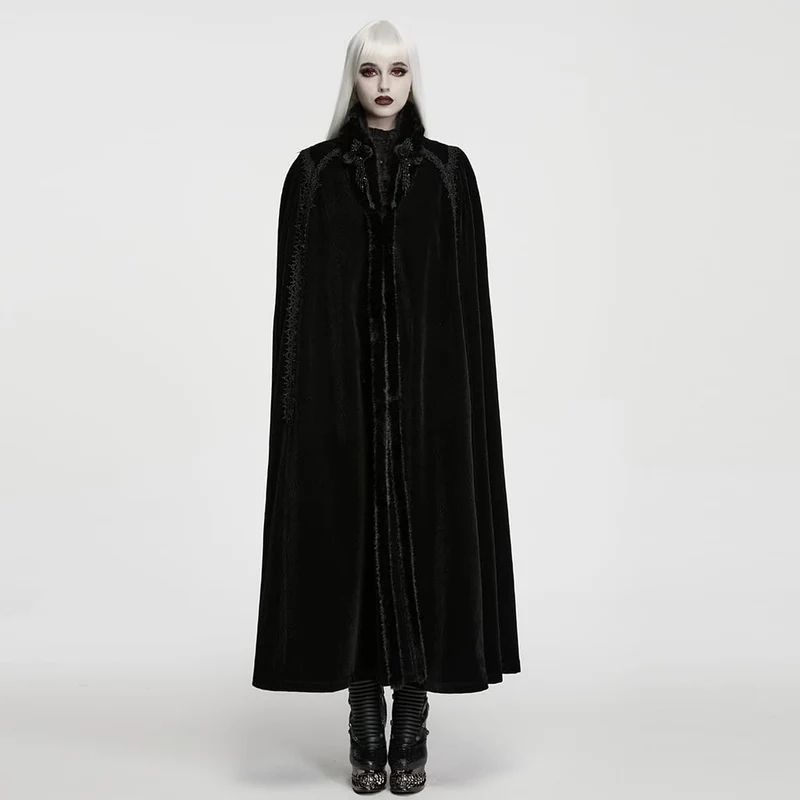 Gothic-Vintage-Samtmantel für Damen mit Stickereien, Kunstpelzbesatz