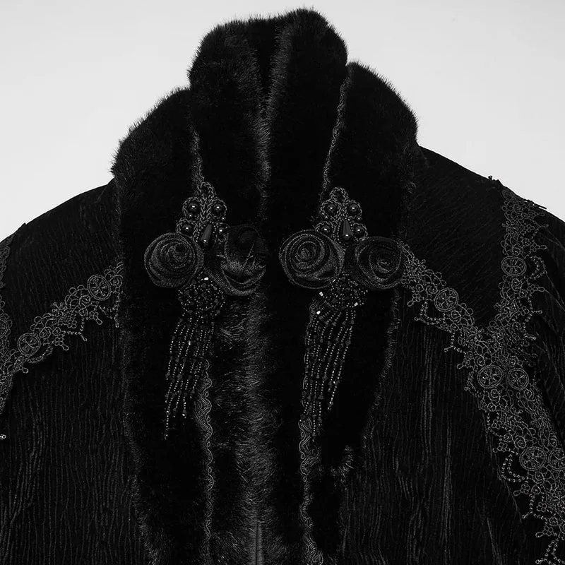 Gothic-Vintage-Samtmantel für Damen mit Stickereien, Kunstpelzbesatz