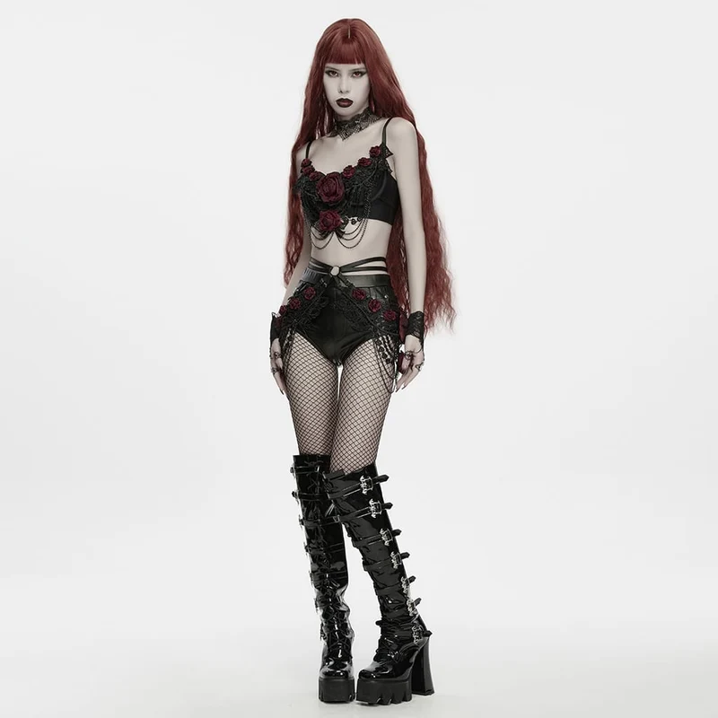 Gothic-Bralet mit Rosenkette für Damen, Schwarz-Rot
