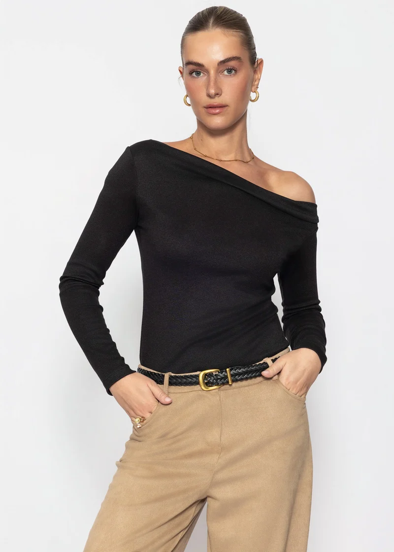 Glitzershirt mit asymmetrischem Ausschnitt - schwarz