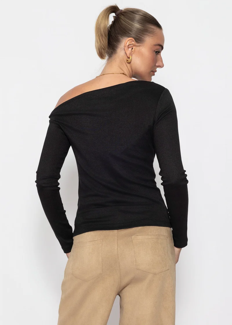 Glitzershirt mit asymmetrischem Ausschnitt - schwarz