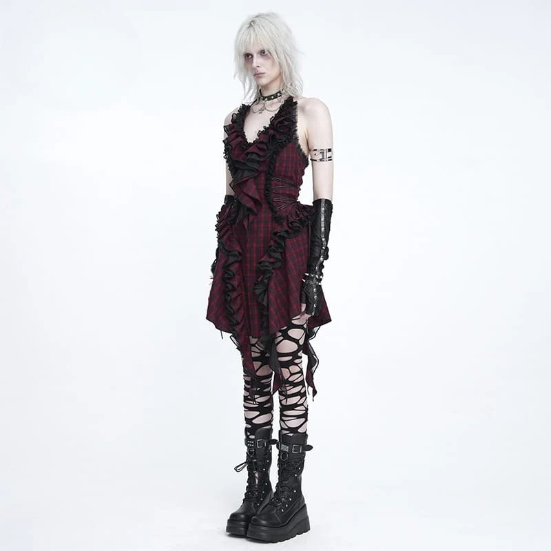 Gothic-Kleid für Damen mit Schnürung, Rüschen und Karomuster, Neckholder, Abschlusskleid
