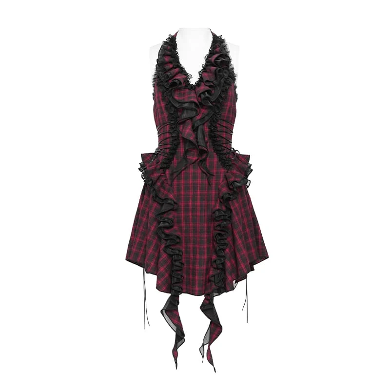 Gothic-Kleid für Damen mit Schnürung, Rüschen und Karomuster, Neckholder, Abschlusskleid