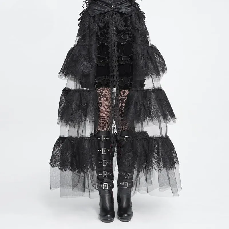 Gothic-Maxirock für Damen mit mehreren Lagen aus floraler Spitze und Mesh