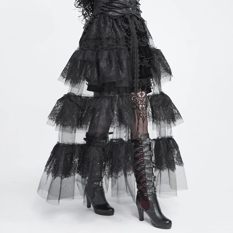 Gothic-Maxirock für Damen mit mehreren Lagen aus floraler Spitze und Mesh