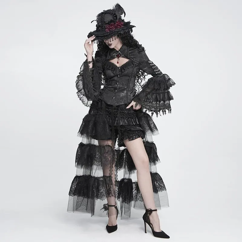 Gothic-Maxirock für Damen mit mehreren Lagen aus floraler Spitze und Mesh