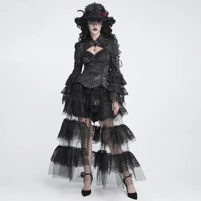 Gothic-Maxirock für Damen mit mehreren Lagen aus floraler Spitze und Mesh