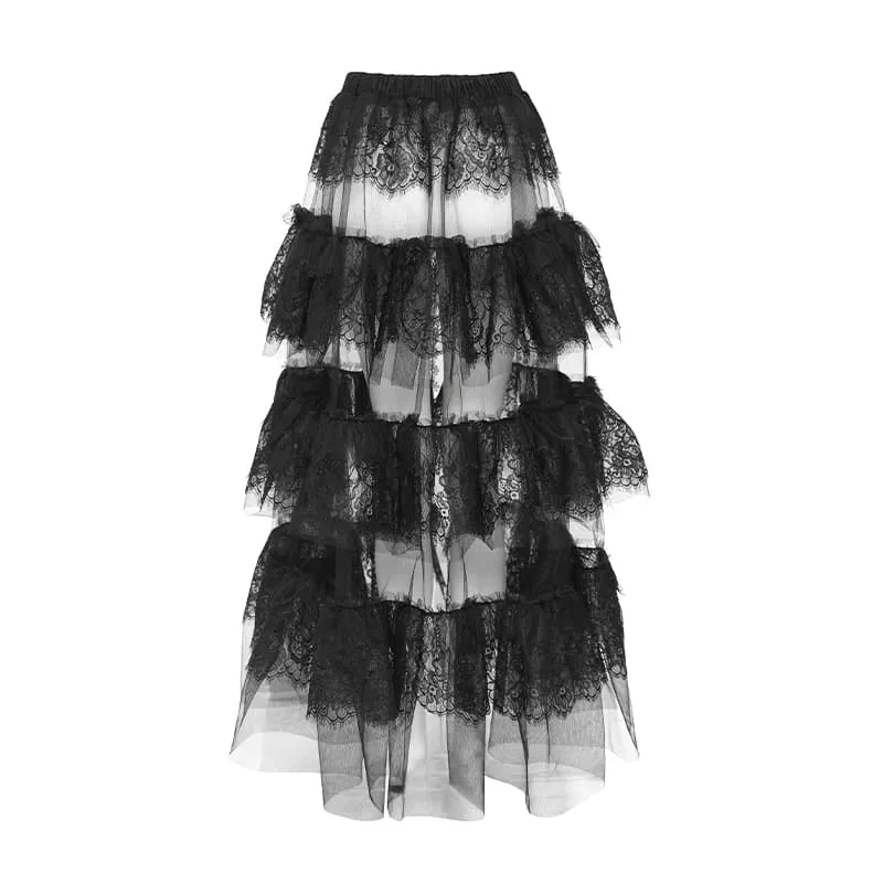 Gothic-Maxirock für Damen mit mehreren Lagen aus floraler Spitze und Mesh