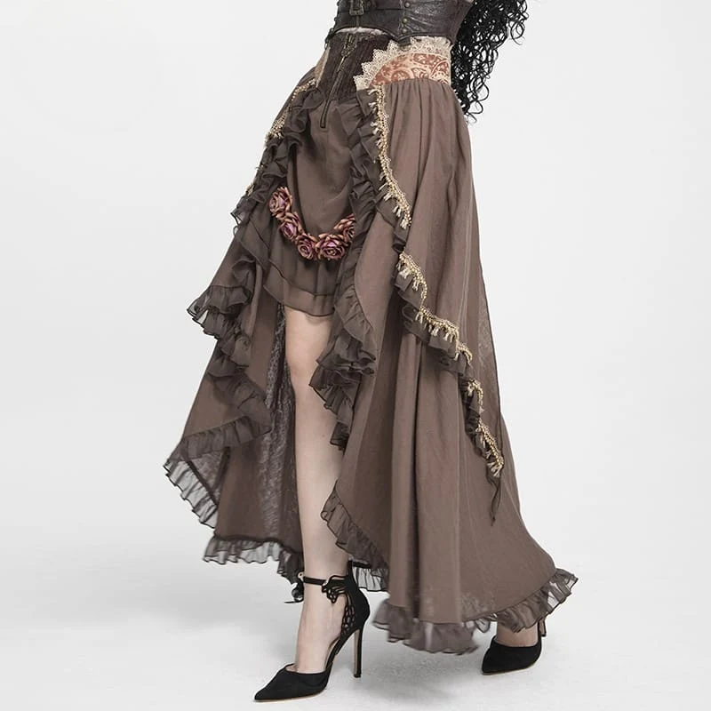 Gothic-Rüschenrock für Damen mit unregelmäßigem Saum und Rosenmuster.