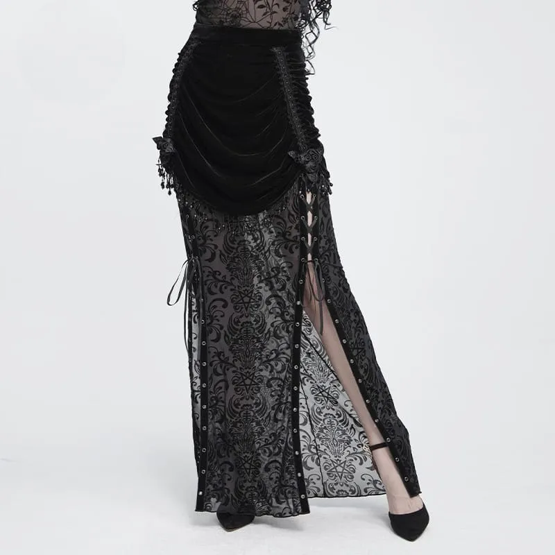 Gothic-Rock für Damen mit Blumenmuster, Perlen- und Quastenbesatz, gerafft und lang