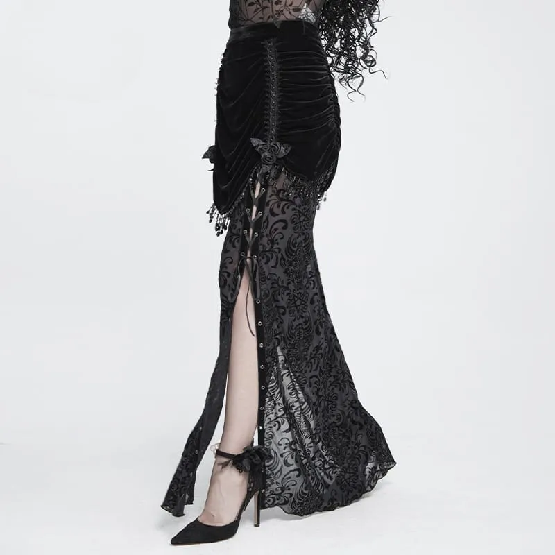 Gothic-Rock für Damen mit Blumenmuster, Perlen- und Quastenbesatz, gerafft und lang
