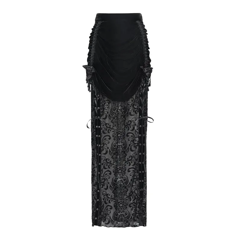 Gothic-Rock für Damen mit Blumenmuster, Perlen- und Quastenbesatz, gerafft und lang