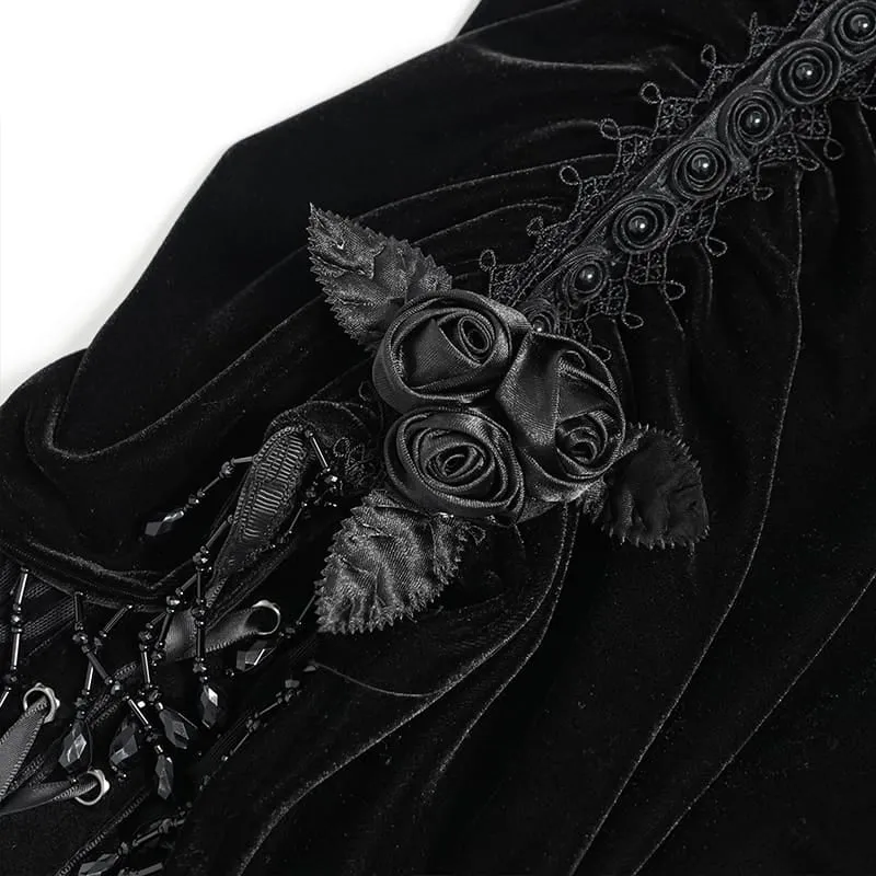 Gothic-Rock für Damen mit Blumenmuster, Perlen- und Quastenbesatz, gerafft und lang