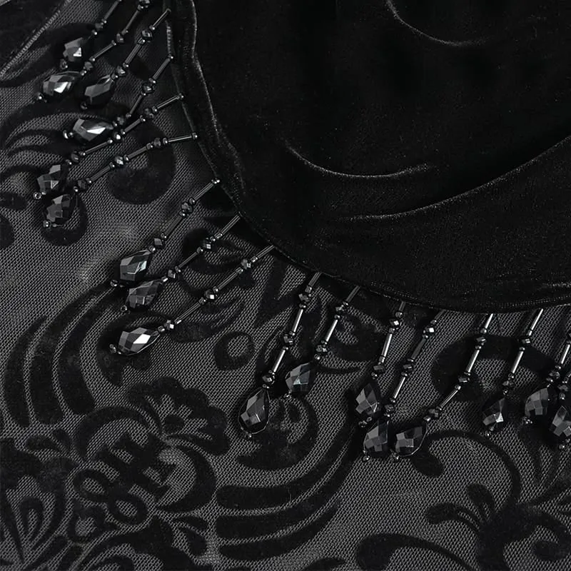 Gothic-Rock für Damen mit Blumenmuster, Perlen- und Quastenbesatz, gerafft und lang