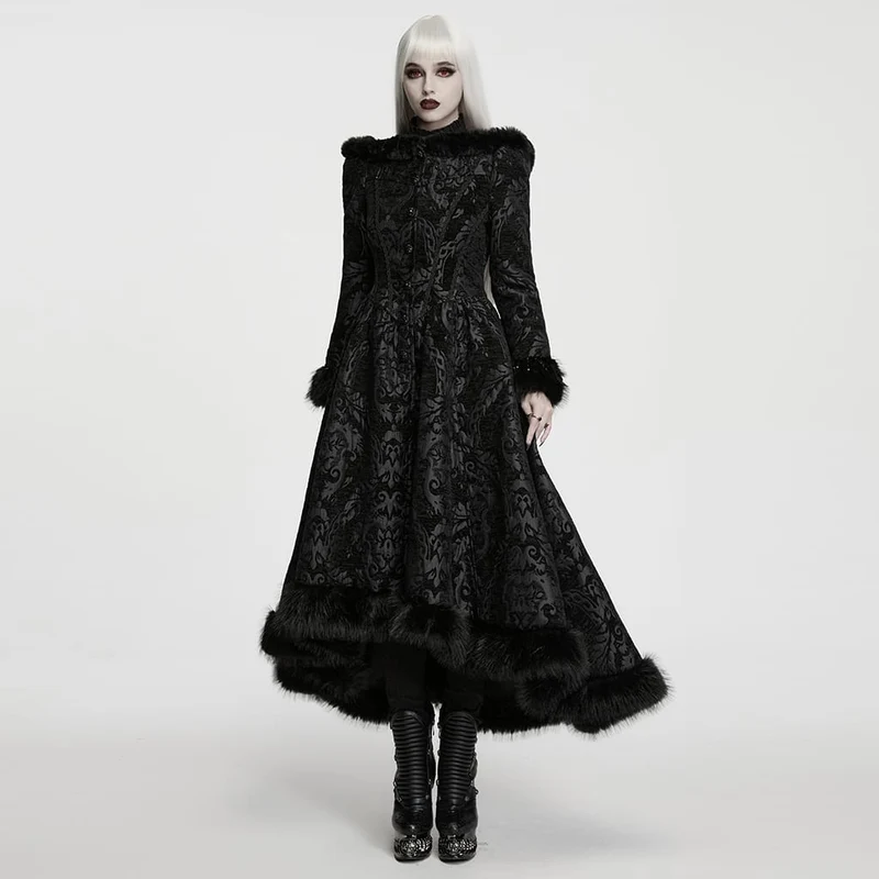 Schwarze lange Gothic-Jacquard-Jacke für Damen mit Schnürung und Kunstpelzbesatz
