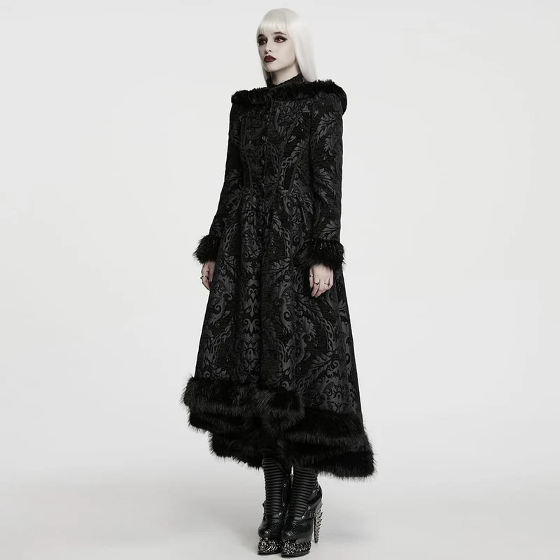 Schwarze lange Gothic-Jacquard-Jacke für Damen mit Schnürung und Kunstpelzbesatz