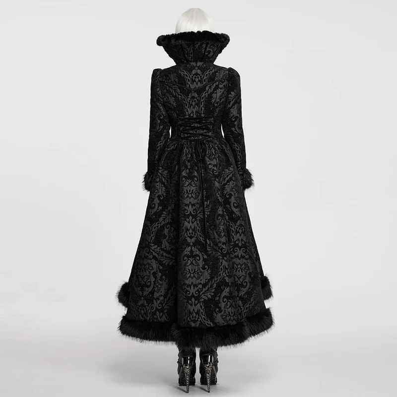Schwarze lange Gothic-Jacquard-Jacke für Damen mit Schnürung und Kunstpelzbesatz