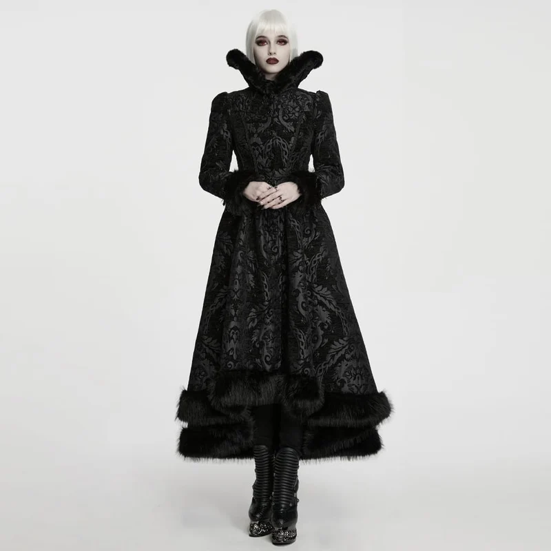 Schwarze lange Gothic-Jacquard-Jacke für Damen mit Schnürung und Kunstpelzbesatz