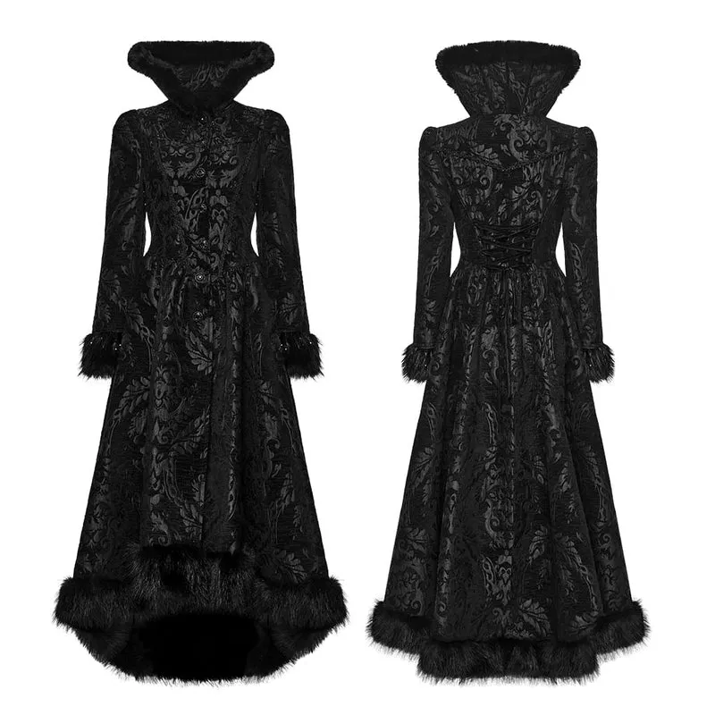 Schwarze lange Gothic-Jacquard-Jacke für Damen mit Schnürung und Kunstpelzbesatz