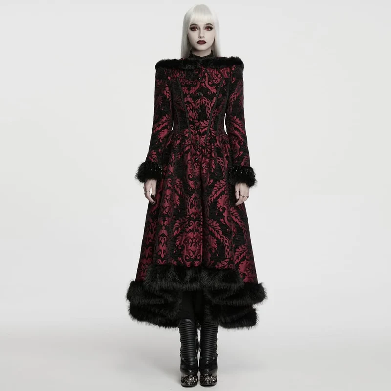 Lange, rote Gothic-Jacquard-Jacke für Damen mit Schnürung und Kunstpelzbesatz