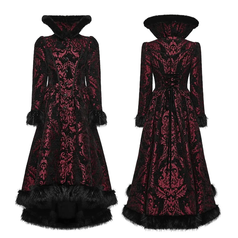 Lange, rote Gothic-Jacquard-Jacke für Damen mit Schnürung und Kunstpelzbesatz