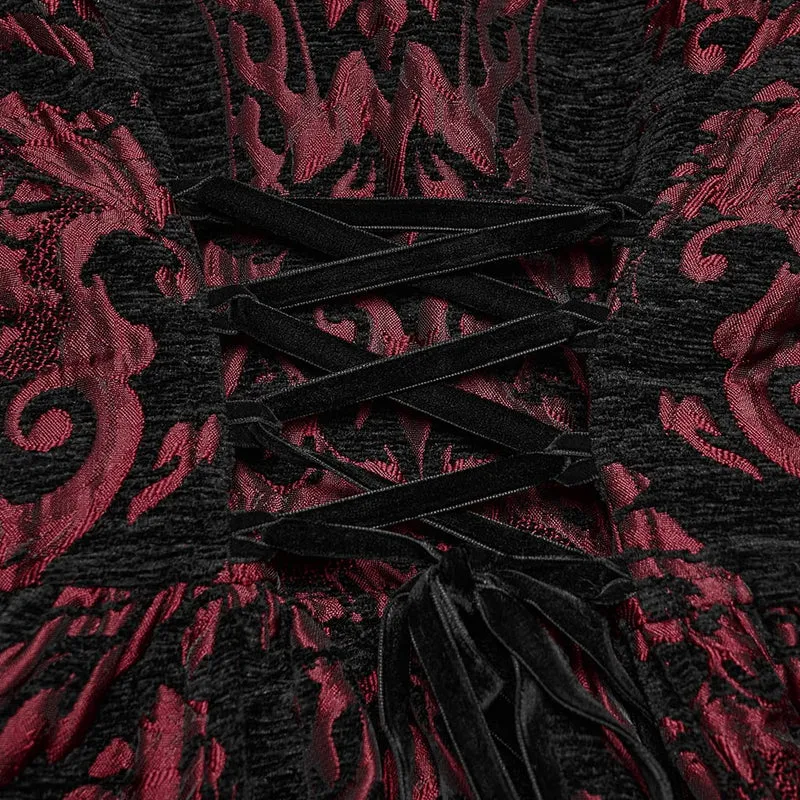 Lange, rote Gothic-Jacquard-Jacke für Damen mit Schnürung und Kunstpelzbesatz