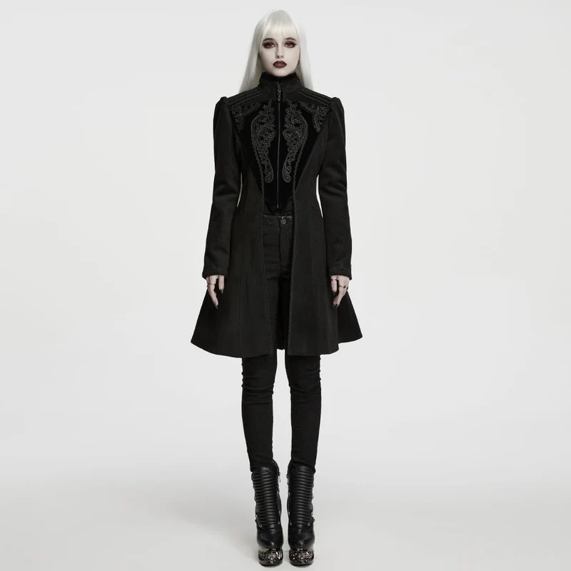Schwarzer Damenmantel im Gothic-Stil mit Applikationen, Schnürung und Reißverschluss vorne