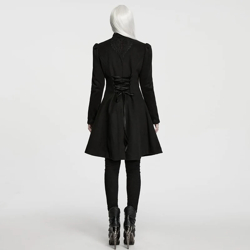 Schwarzer Damenmantel im Gothic-Stil mit Applikationen, Schnürung und Reißverschluss vorne