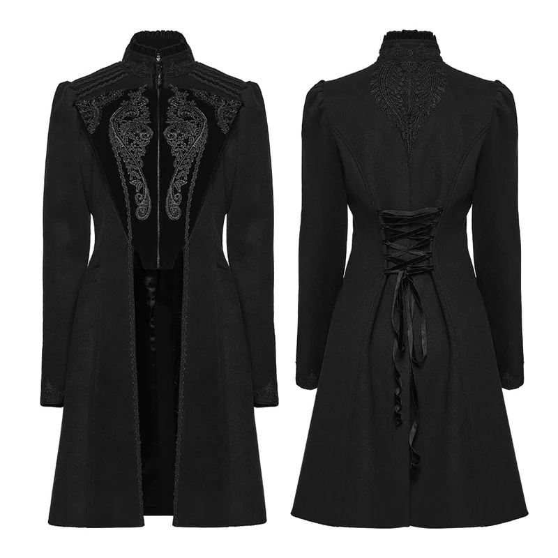 Schwarzer Damenmantel im Gothic-Stil mit Applikationen, Schnürung und Reißverschluss vorne