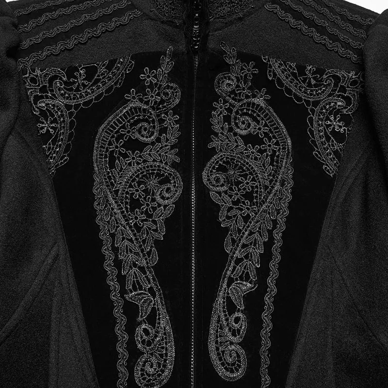 Schwarzer Damenmantel im Gothic-Stil mit Applikationen, Schnürung und Reißverschluss vorne