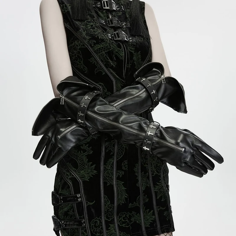 Lange Gothic-Handschuhe für Damen mit gekreuzten Riemen und Reißverschluss