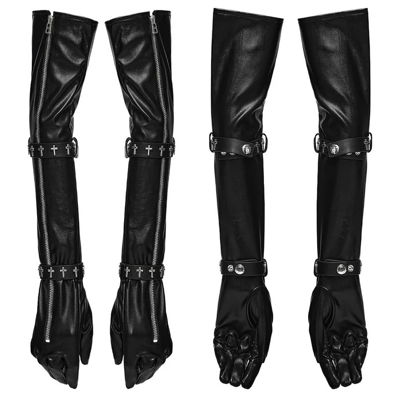 Lange Gothic-Handschuhe für Damen mit gekreuzten Riemen und Reißverschluss