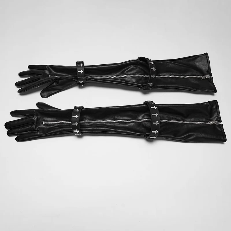Lange Gothic-Handschuhe für Damen mit gekreuzten Riemen und Reißverschluss
