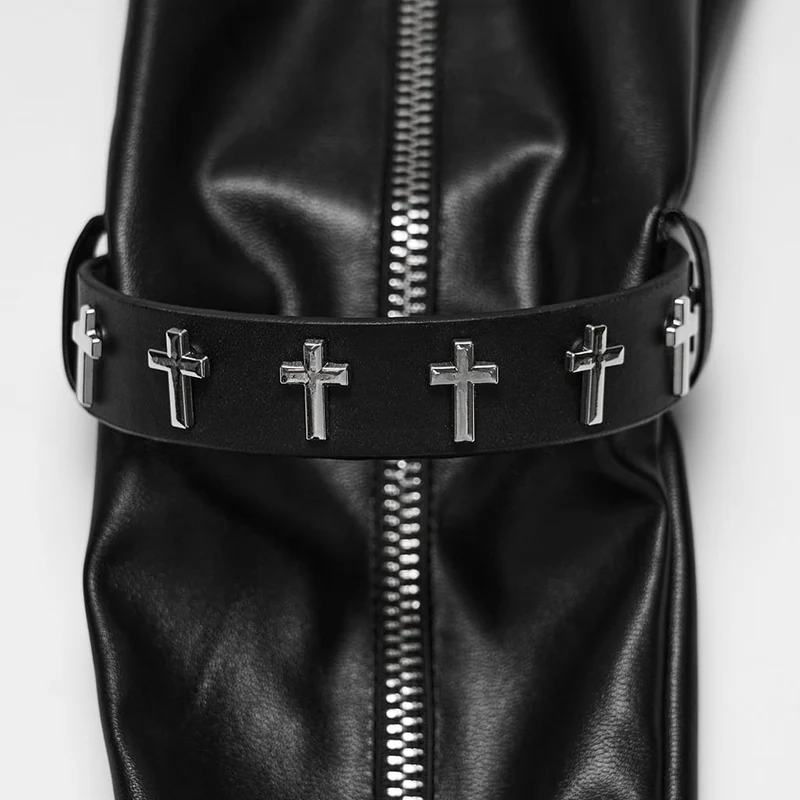 Lange Gothic-Handschuhe für Damen mit gekreuzten Riemen und Reißverschluss
