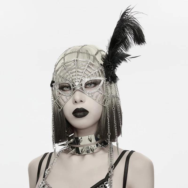 Gothic-Maske für Damen mit Federkette und Spinnennetz-Motiv, Silber