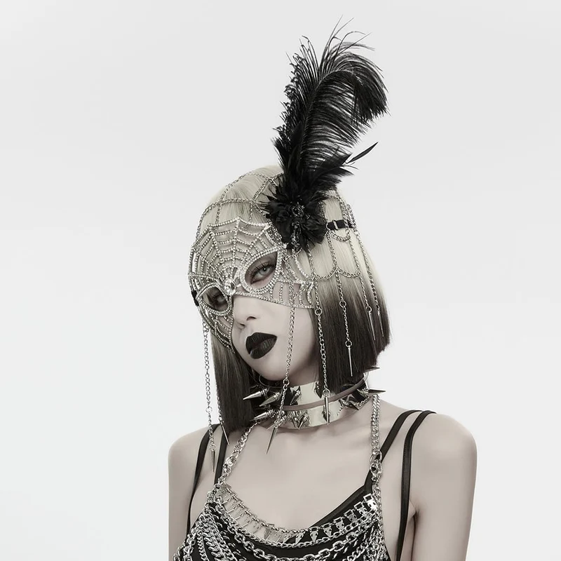 Gothic-Maske für Damen mit Federkette und Spinnennetz-Motiv, Silber