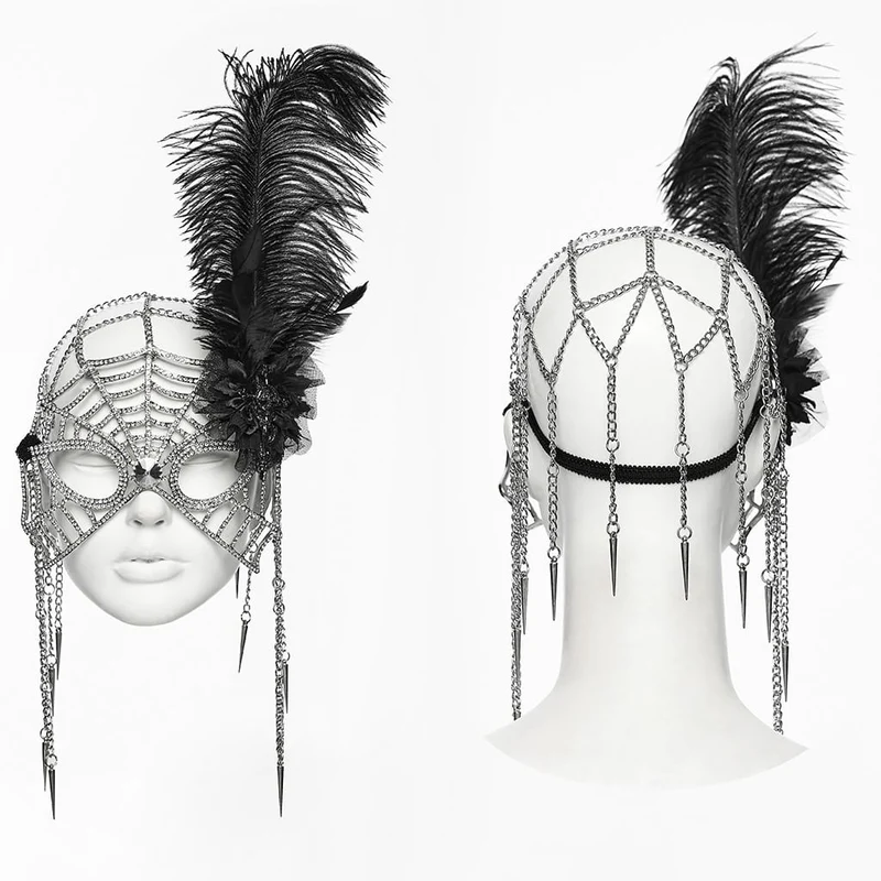 Gothic-Maske für Damen mit Federkette und Spinnennetz-Motiv, Silber