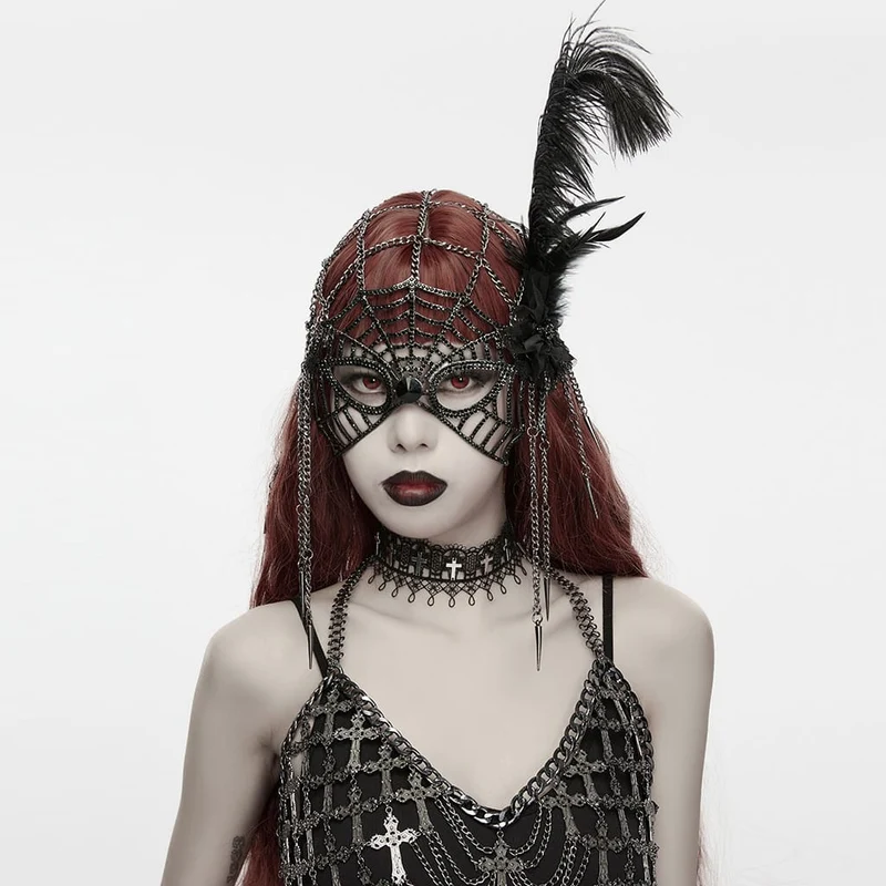 Schwarze Gothic-Maske für Damen mit Federkette und Spinnennetz-Motiv