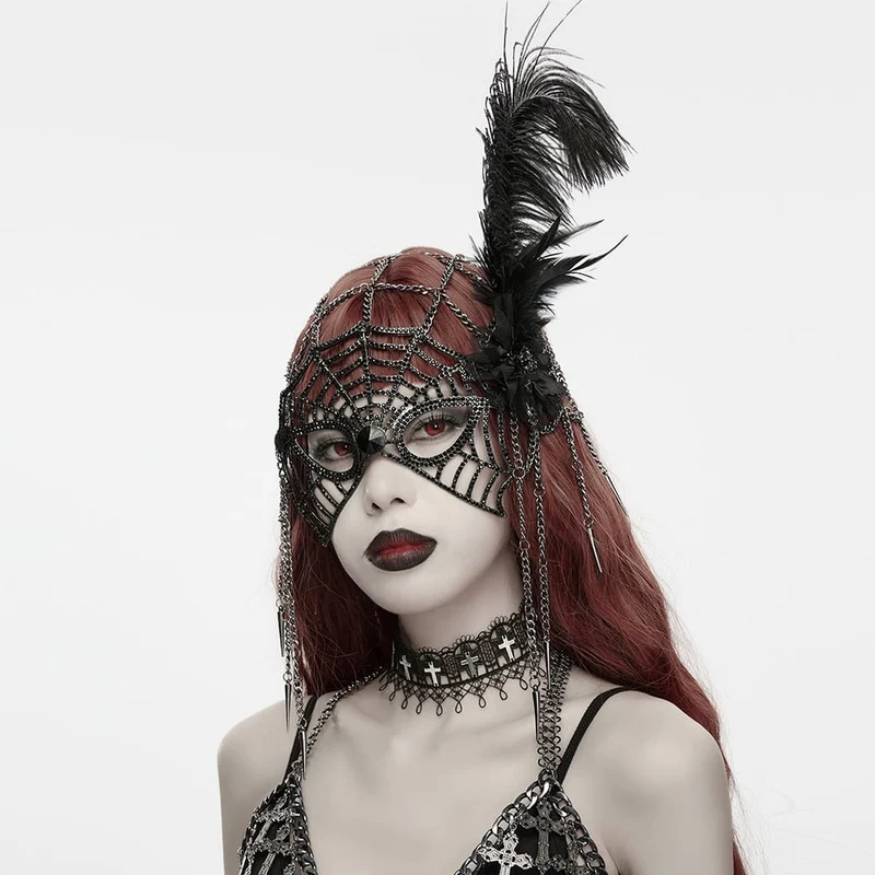 Schwarze Gothic-Maske für Damen mit Federkette und Spinnennetz-Motiv