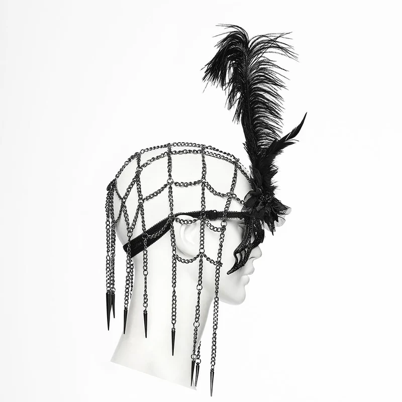 Schwarze Gothic-Maske für Damen mit Federkette und Spinnennetz-Motiv