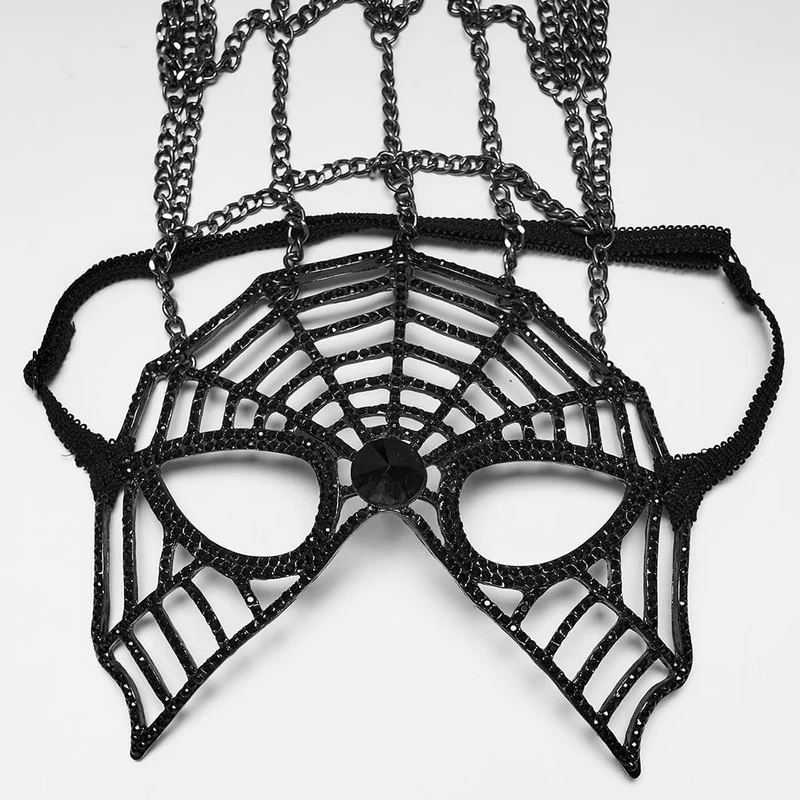Schwarze Gothic-Maske für Damen mit Federkette und Spinnennetz-Motiv