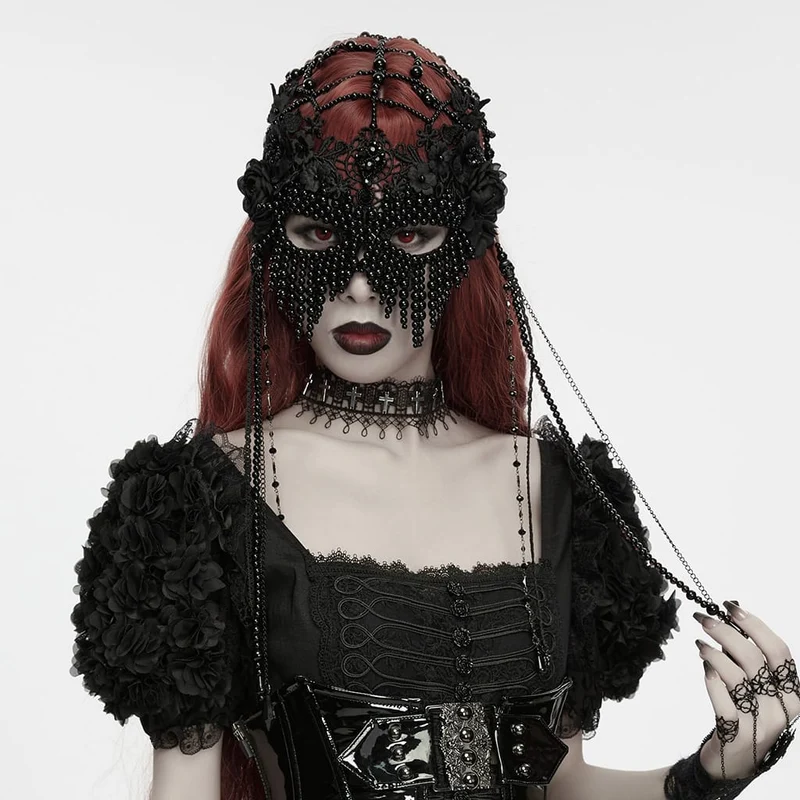 Gothic-Maske für Damen mit Blumenmuster, Perlenkette