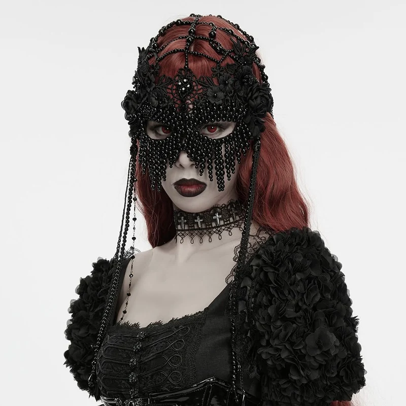 Gothic-Maske für Damen mit Blumenmuster, Perlenkette
