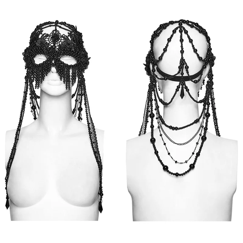 Gothic-Maske für Damen mit Blumenmuster, Perlenkette