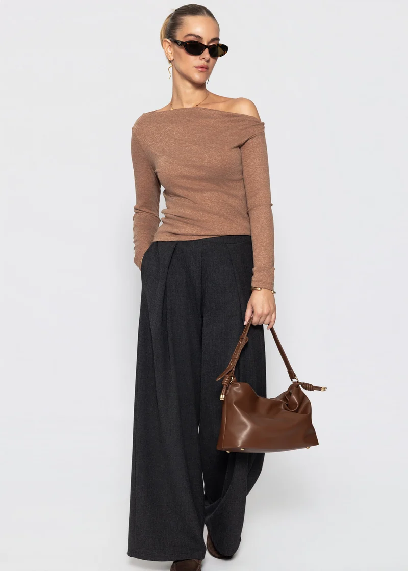 Glitzershirt mit asymmetrischem Ausschnitt - braun