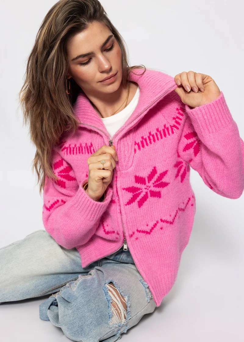 Cardigan mit Reißverschluss und Schneeflocken-Muster - pink