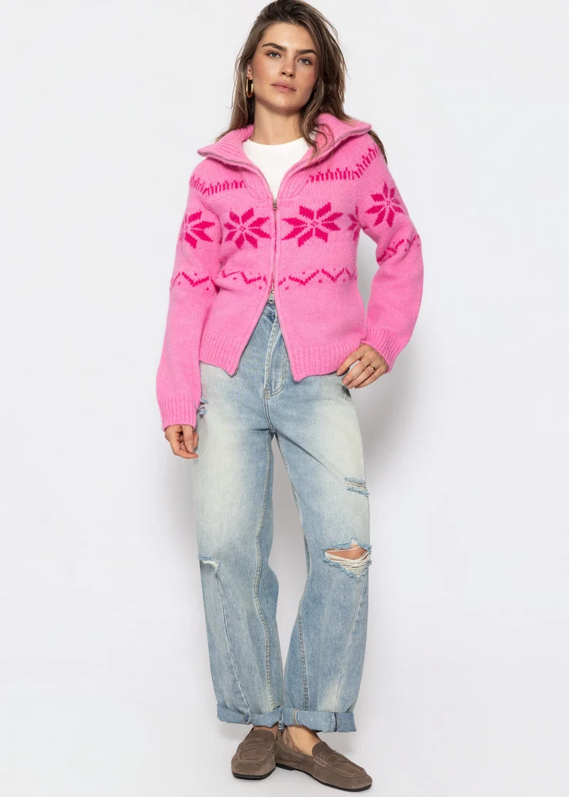 Cardigan mit Reißverschluss und Schneeflocken-Muster - pink