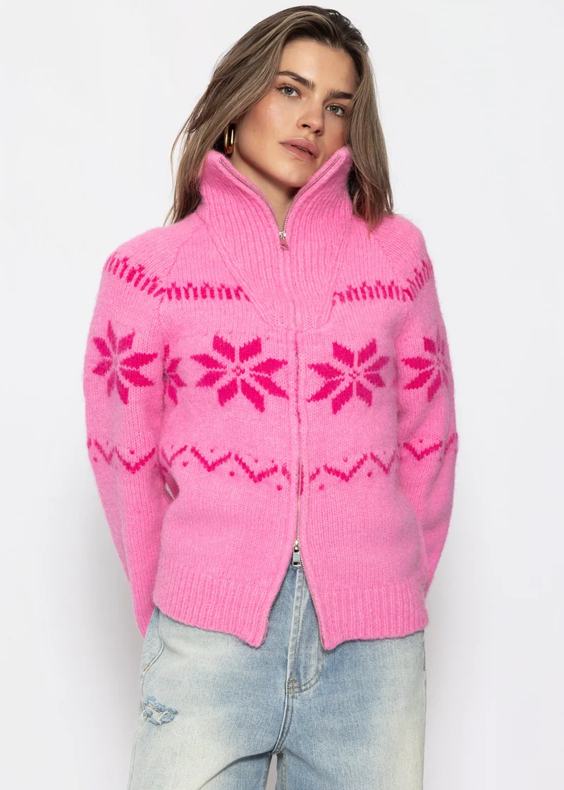 Cardigan mit Reißverschluss und Schneeflocken-Muster - pink