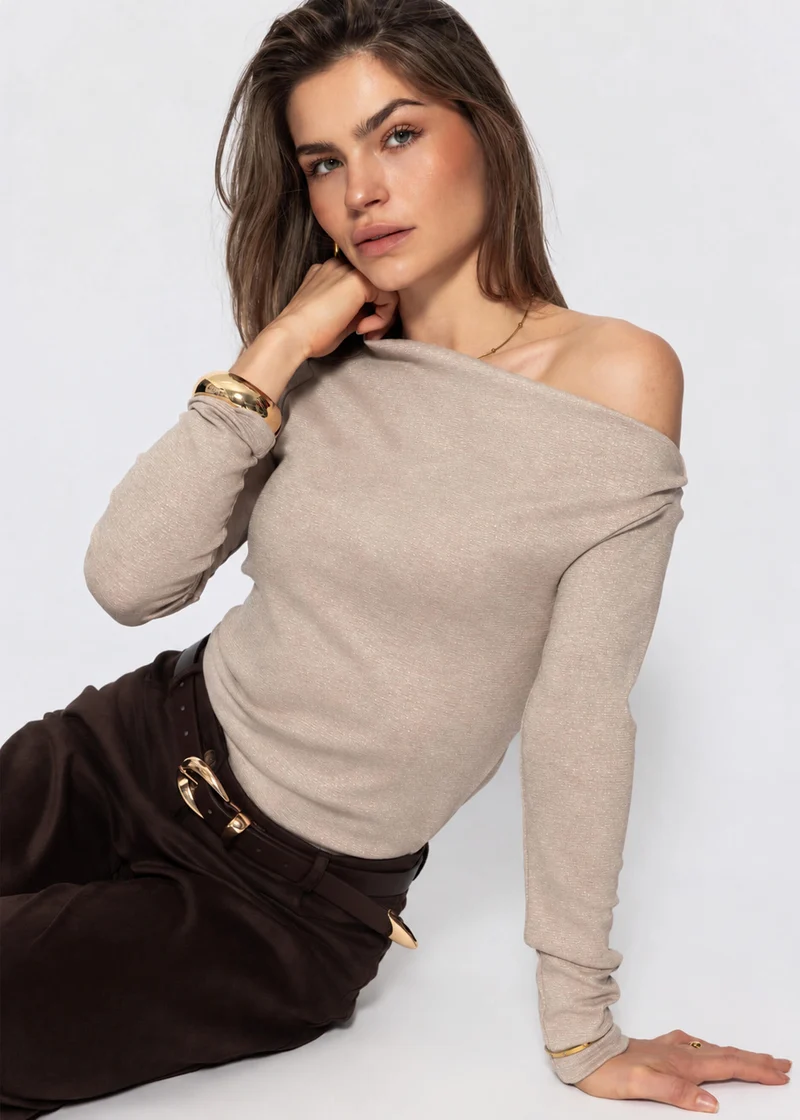Glitzershirt mit asymmetrischem Ausschnitt - beige